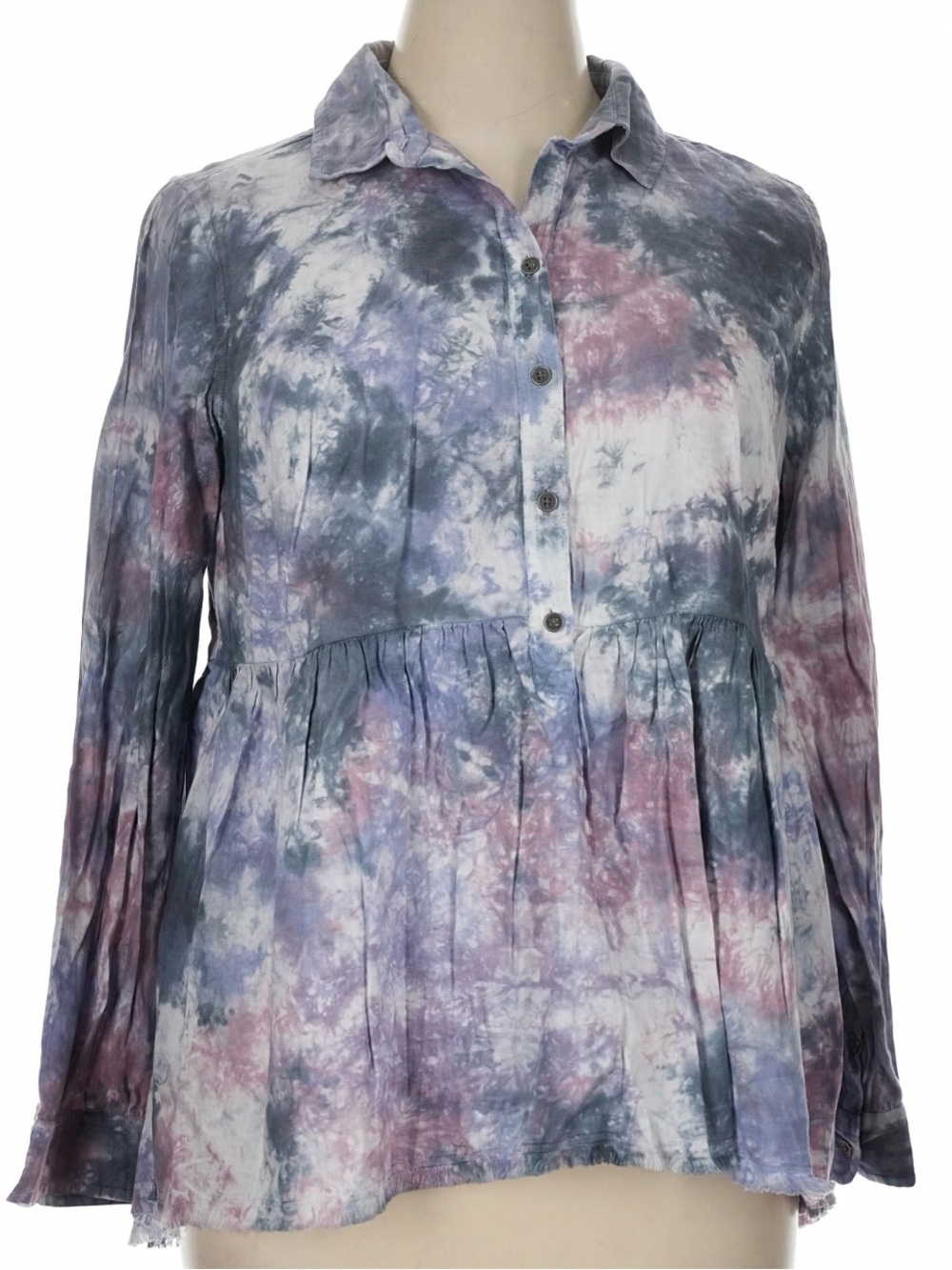 True Craft Tie-Dye Button Front Peplum Tunic - Blue, Pink, Gray